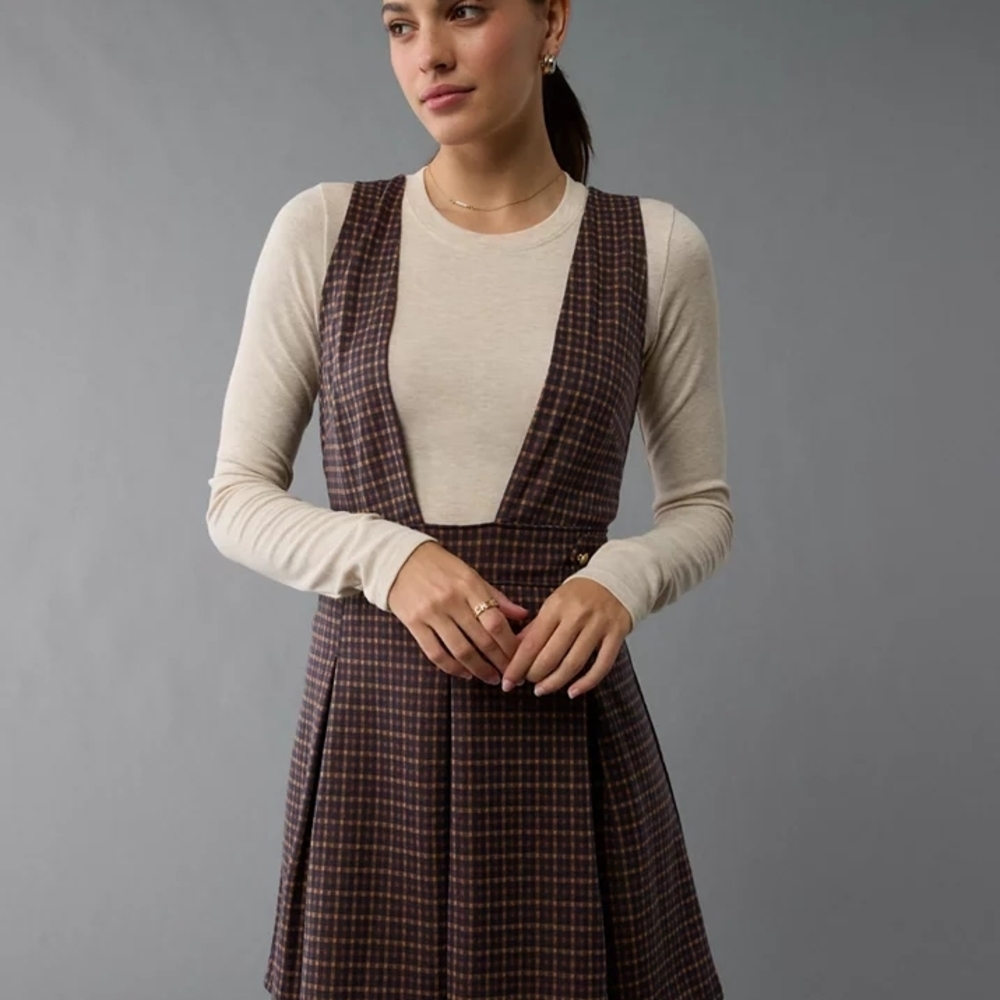 Plaid Pinafore Dress with Cream Top